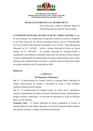 resolução normativa nº. 025/2010/cme/vg - Prefeitura de Várzea ...