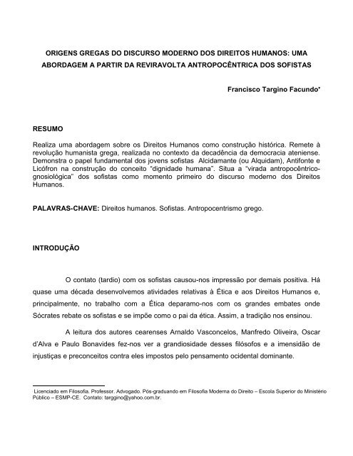 ORIGENS GREGAS DO DISCURSO MODERNO DOS DIREITOS ...