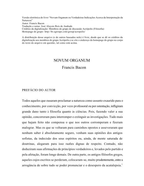 NOVUM ORGANUM Francis Bacon - Centro de Ensino Educar