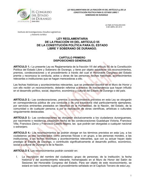 134. Ley Reglamentaria de la Fracción VII del Artículo 55 de la ...