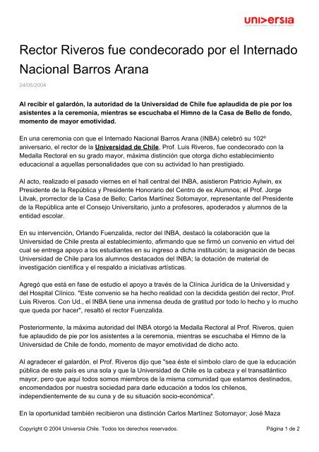 Rector Riveros fue condecorado por el Internado Nacional Barros ...