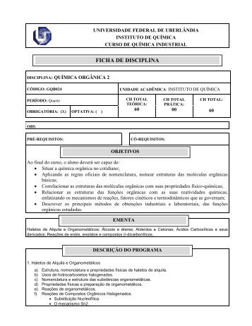 FICHA DE DISCIPLINA - Instituto de Química - Universidade Federal ...