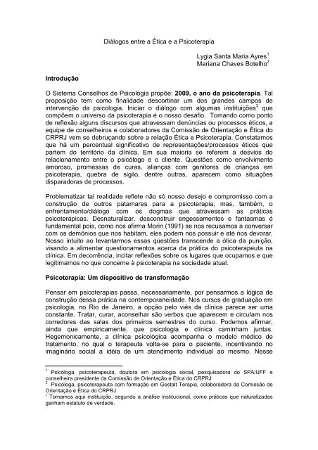 Diálogos entre a Ética e a Psicoterapia Lygia Santa Maria ... - CRP-RJ