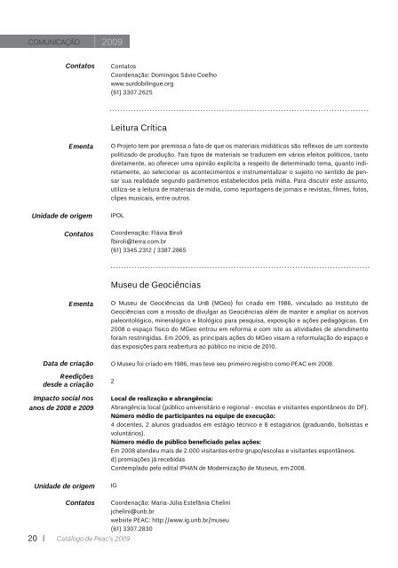 Catálogo PEACs 2009 - Universidade de Brasília