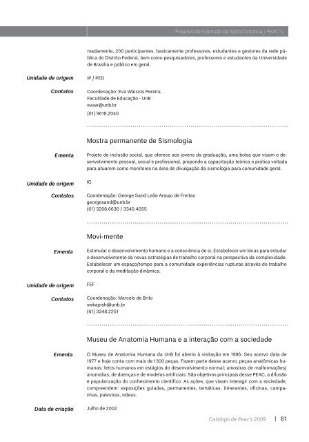 Catálogo PEACs 2009 - Universidade de Brasília