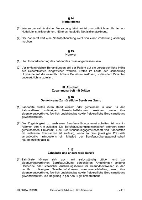 Berufsordnung für Zahnärzte der LZK Baden-Württemberg