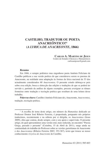 CASTILHO, TRADUTOR OU POETA ANACREôNTICO?1 (A LYRICA ...