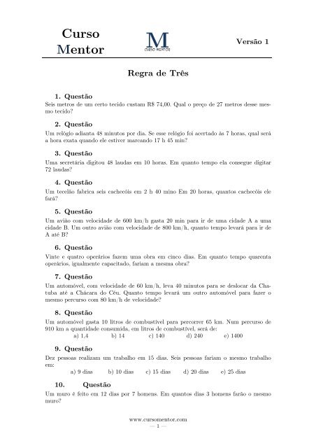 Lista de Exercícios – Regra de Três