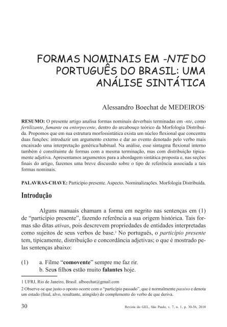 FORMAS NOMINAIS EM -NTE DO PORTUGUÊS DO BRASIL ... - GEL