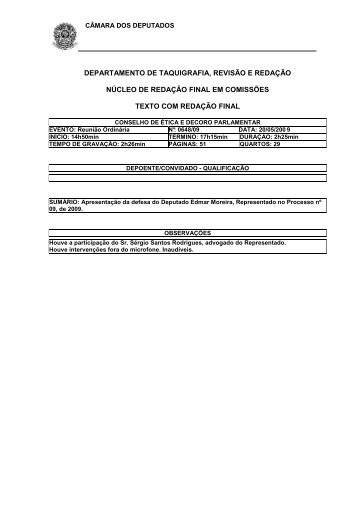 NT 20_05_09 - Oitiva dep Edmar Moreira - Câmara dos Deputados