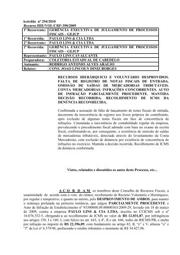 Acórdão nº 294/2010 Recurso HIE/VOL/CRF-390/2009 1ª Recorrente