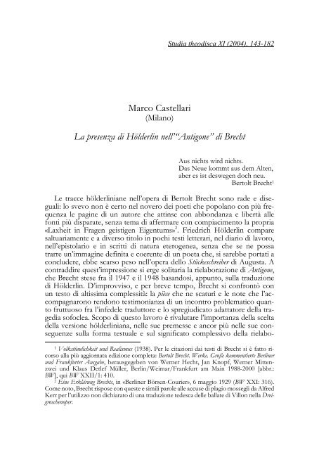 Marco Castellari La presenza di Hölderlin nell'“Antigone” di Brecht