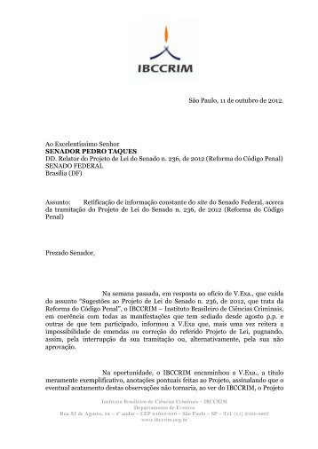Ofício ao Exmo. Sr. Senador Pedro Taques - Instituto Brasileiro de ...