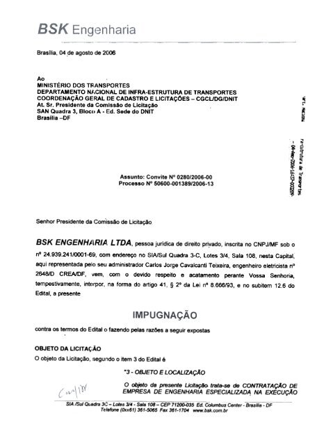 Impugnação apresentada pela BSK Engenharia - DNIT