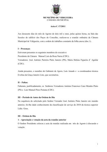 MUNICÍPIO DE VIDIGUEIRA CÂMARA MUNICIPAL Acta nº. 17/2011 ...
