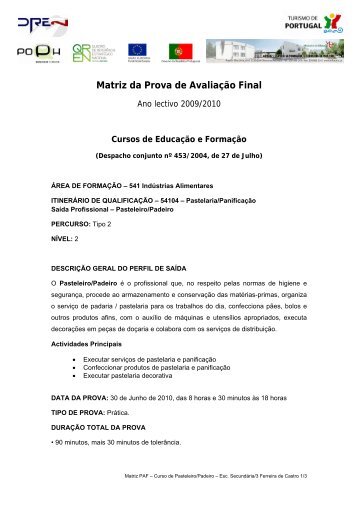 Matriz da Prova de Avaliação Final para alunos - Início