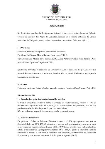 MUNICÍPIO DE VIDIGUEIRA CÂMARA MUNICIPAL Acta nº. 18/2011 ...