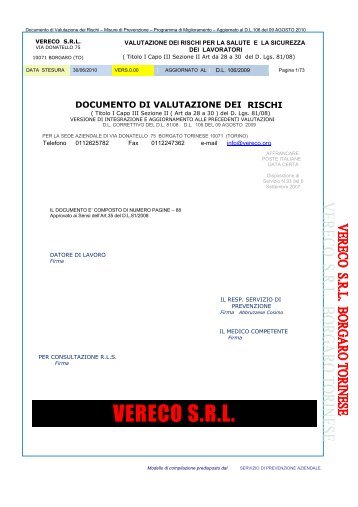 Documento Valutazione dei Rischi - Vereco - smaltimento rifiuti