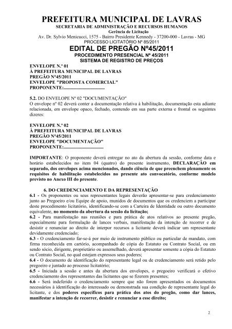 edital de pregão nº45/2011 - Prefeitura Municipal de Lavras