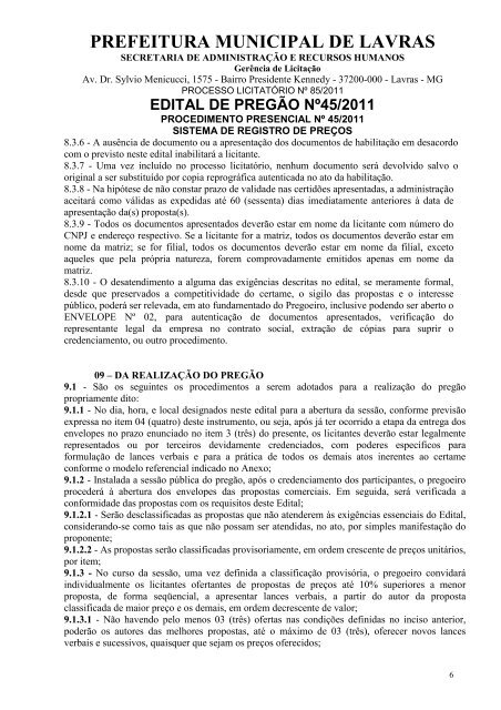 edital de pregão nº45/2011 - Prefeitura Municipal de Lavras