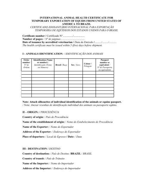 International Animal Health Certificate For Temporary Exportation Aphis