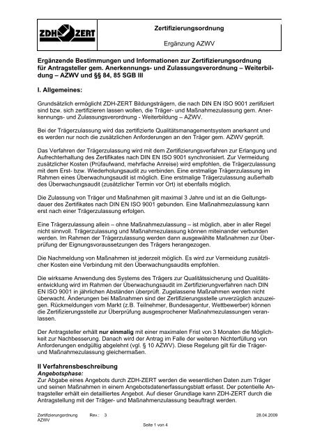 Zertifizierungsordnung Erganzung Azwv Erganzende Zdh Zert