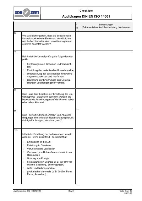 Checkliste, Begutachtungsprotokoll - ZDH-Zert