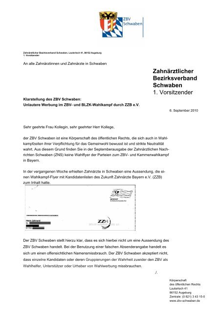 Klarstellung des ZBV Schwaben - Zahnärztlicher  Bezirksverband ...