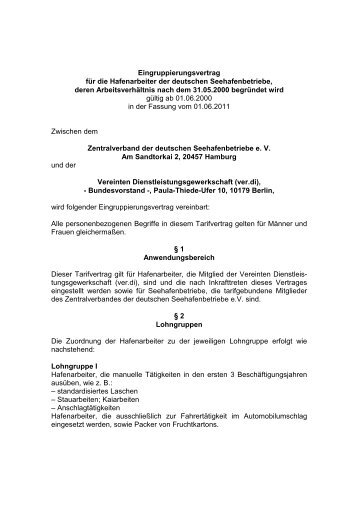 Eingruppierungsvertrag für die Hafenarbeiter der deutschen ...
