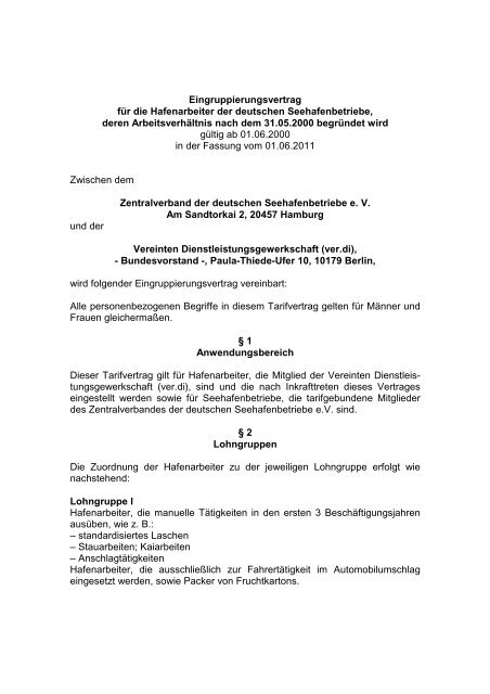 Eingruppierungsvertrag für die Hafenarbeiter der deutschen ...