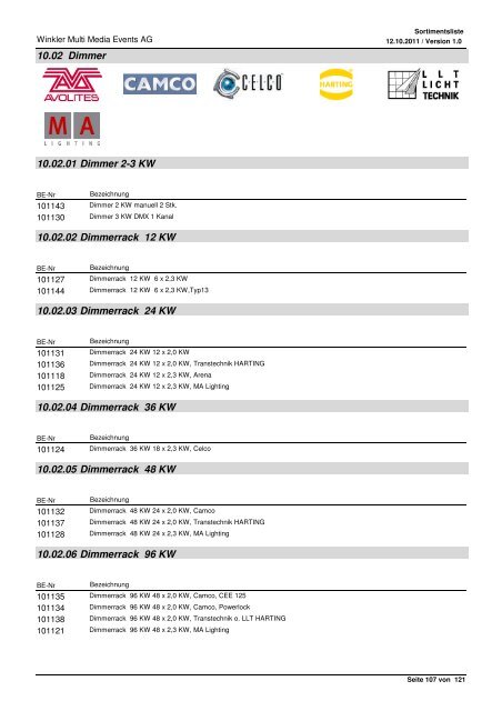 Liste de produits Range of products Sortimentsliste