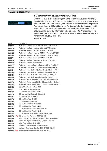 Liste de produits Range of products Sortimentsliste