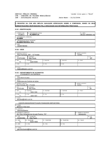 COMISSÃO DE VALORES MOBILIÁRIOS IAN - Informações ... - Klabin