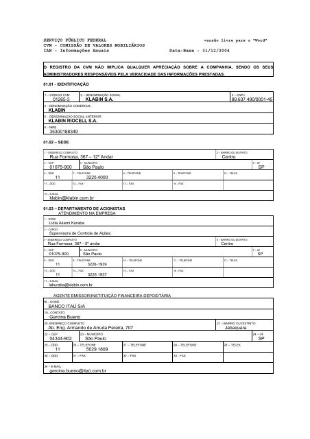 COMISSÃO DE VALORES MOBILIÁRIOS IAN - Informações ... - Klabin