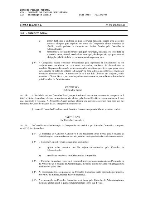 COMISSÃO DE VALORES MOBILIÁRIOS IAN - Informações ... - Klabin