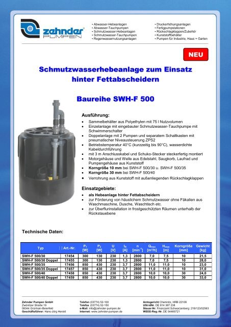 Flyer SWH-F 500 - Zehnder Pumpen GmbH