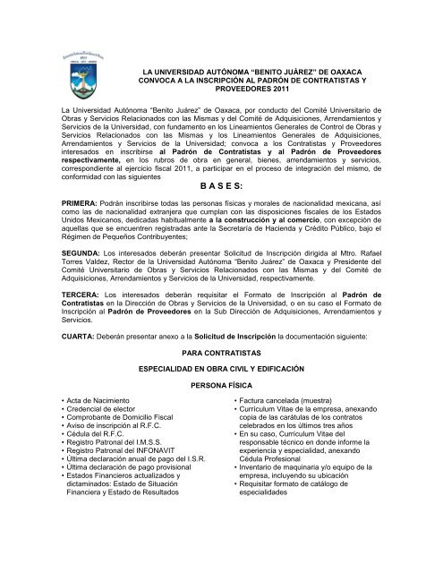 Convocatoria para la Inscripción al Padrón de Contratistas