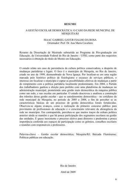 a gestão escolar democrática - Faculdade de Educação - UFRJ