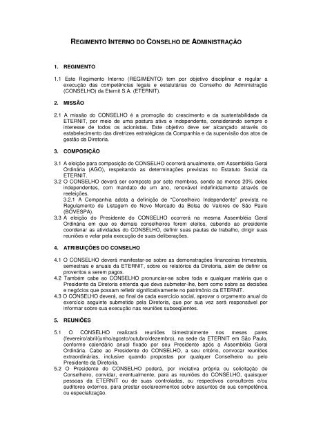 regimento interno do conselho de administração - Eternit