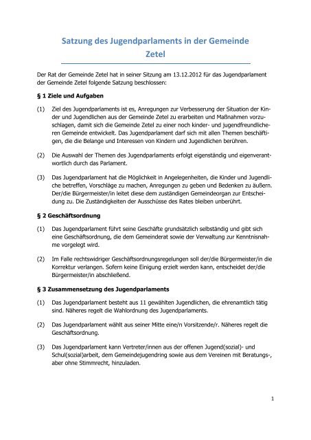 Satzung des Jugendparlaments in der Gemeinde Zetel