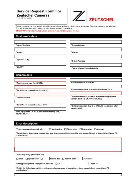 Service Request Form For Zeutschel Cameras