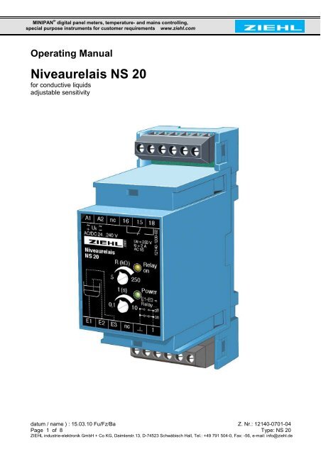 Niveaurelais NS 20 - Ziehl industrie-elektronik GmbH + Co KG