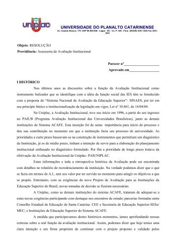 Regulamento da Avaliação Instituicional (com parecer) - Uniplac