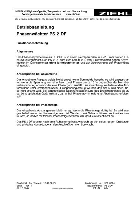Betriebsanleitung Phasenwächter PS 2 DF - ziehl.de