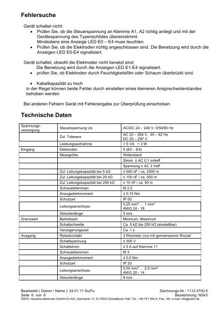 Niveaurelais NS43 - Ziehl industrie-elektronik GmbH + Co KG