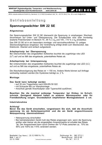 B e t r i e b s a n l e i t u n g Spannungswächter SW 22 SE - ziehl.de