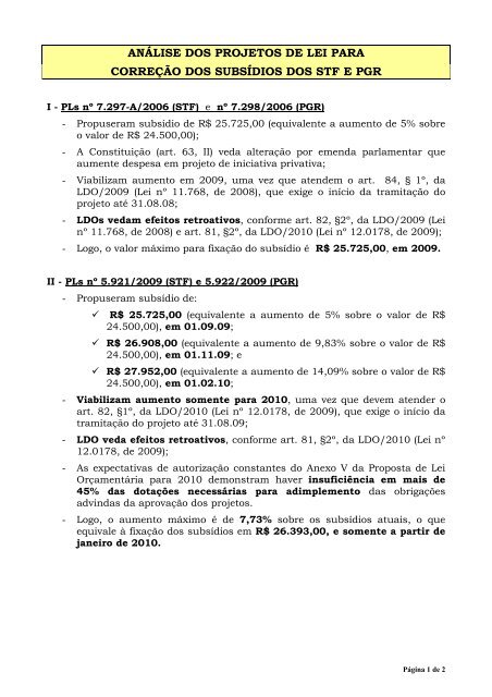 análise dos projetos de lei para correção dos subsídios dos stf e pgr