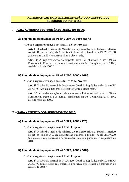 análise dos projetos de lei para correção dos subsídios dos stf e pgr