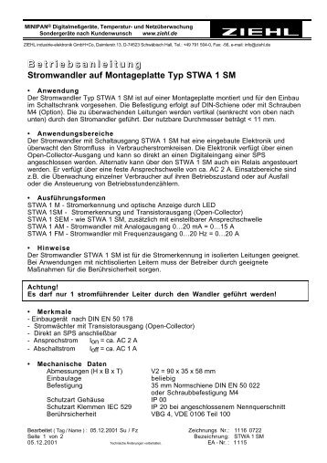 B etriebsanleitung Stromwandler auf Montageplatte Typ ... - ziehl.de