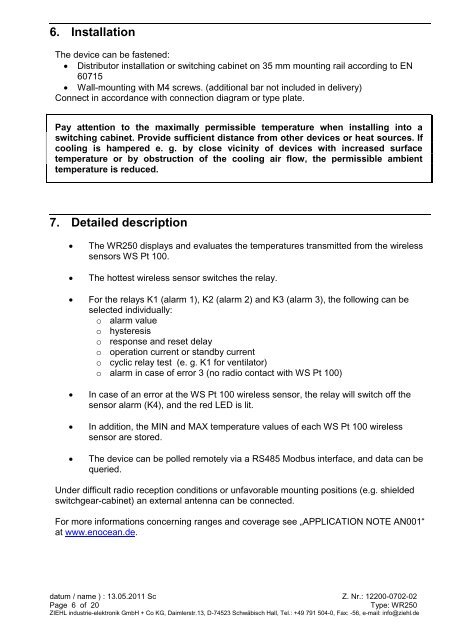 Operating instructions Wireless temperature relay type WR250